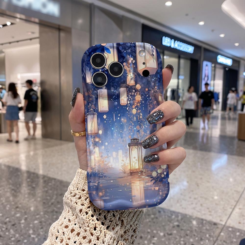 Night Sky Ancient Lantern Wavy Edge Phone Case For iPhone 16 15 14 Pro Max 13 12 11 Mini XR XS SE 2020 7 8 Plus Air Cover