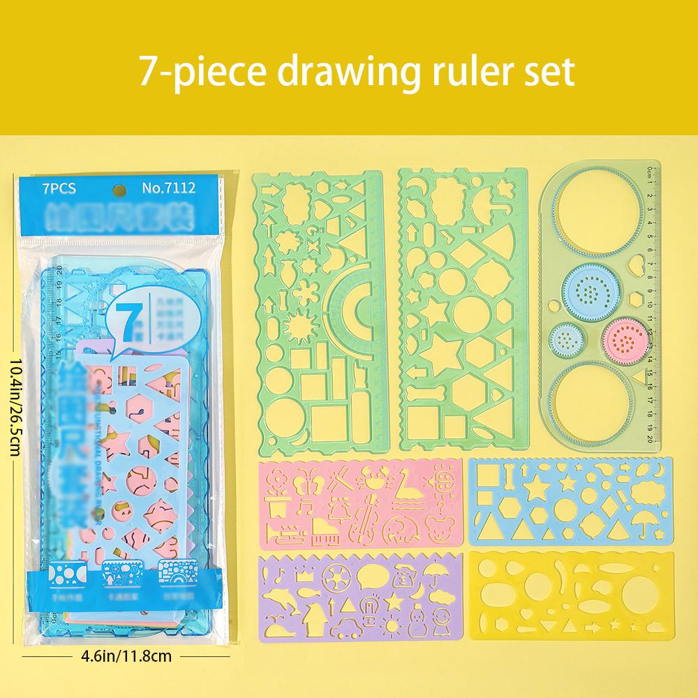 7-piece multifunctional ruler set, versatile ruler, handwritten report template, student geometry drawing ruler tool