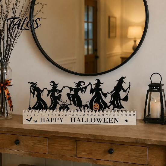 Reusable Holiday Ornaments Halloween Wooden Countdown Calendar, Dancing Witch 31 Day Timer with Silhouette Sliding Pumpkin, Spooky Tabletop Decor for
