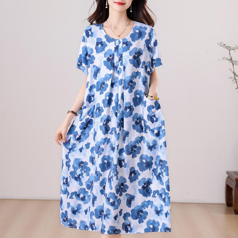 Übergröße, langes Sommerkleid mit Vintage-Druck für Damen, elegantes, kurzärmeliges, lockeres Sommerkleid in Übergröße