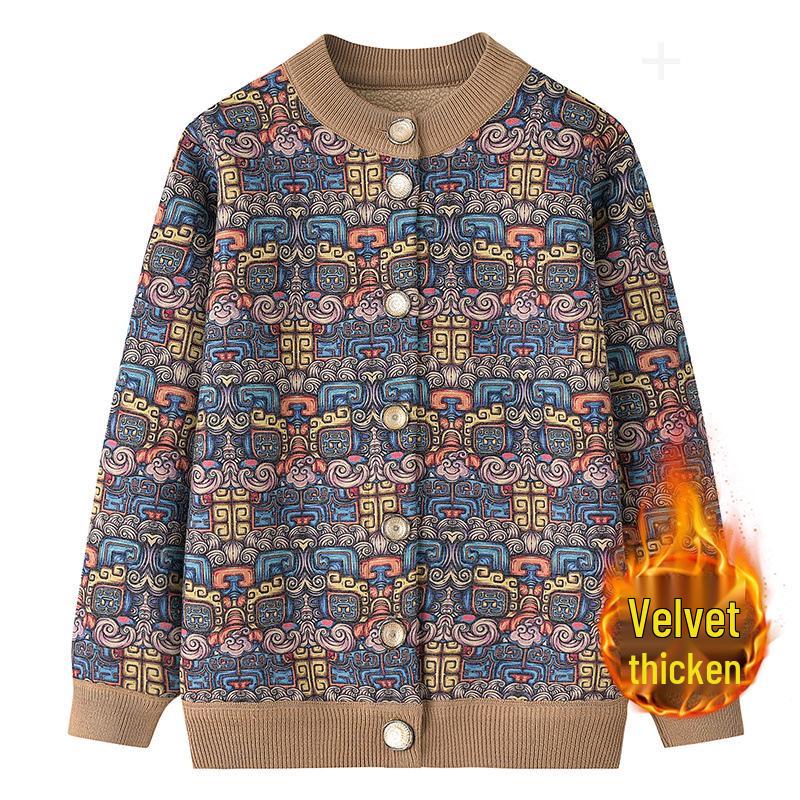 Women's Fleece-Lined Knitted Cardigan - Warm Autumn Winter Jacket for Elderly Ladies