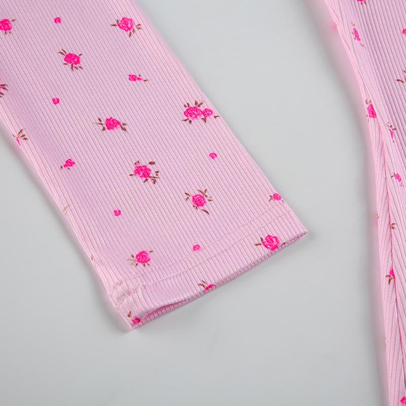 European and American Spring/summer Casual Floral Round Neck Breasted Long Sleeved Sexy Slim Fit Jumpsuit