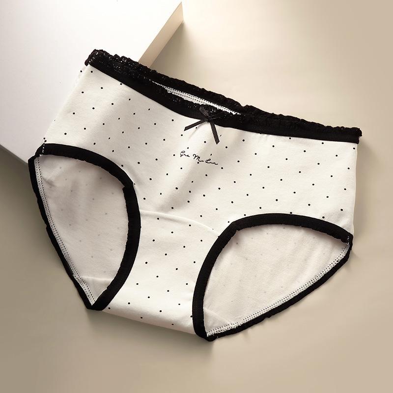 Female Spring and Summer Point Pure Cotton 10A Antibacterial Extended Skin Friendly Breathable Mid Waist Briefs
