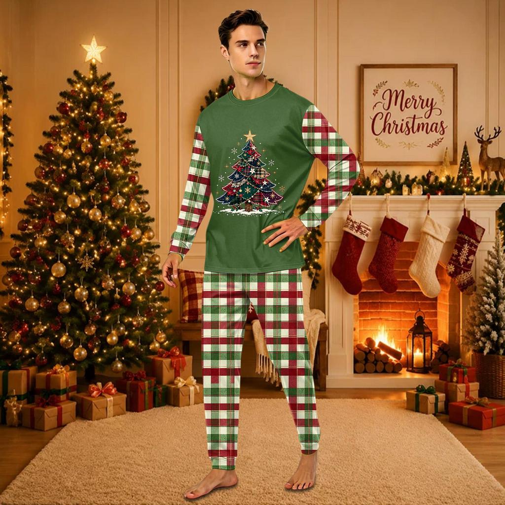 Christmas-print long-sleeve and long-pant matching family loungewear set