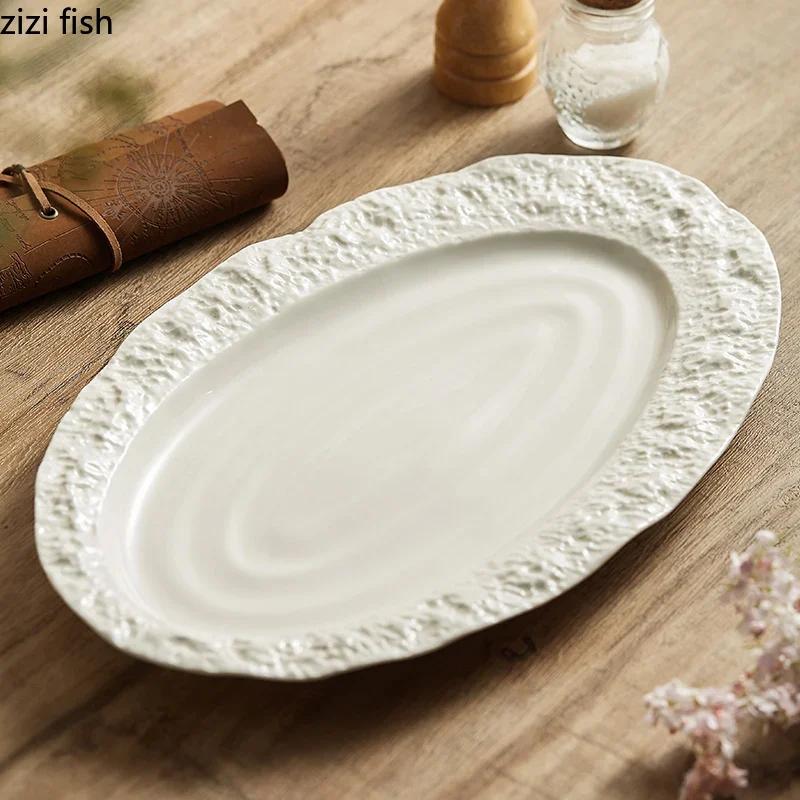 Oval Rock Texture Plate Ceramic Tableware Restaurant Steamed Fish Plate Dessert Dish Cake Plate Sushi Plates Barbecue Plates