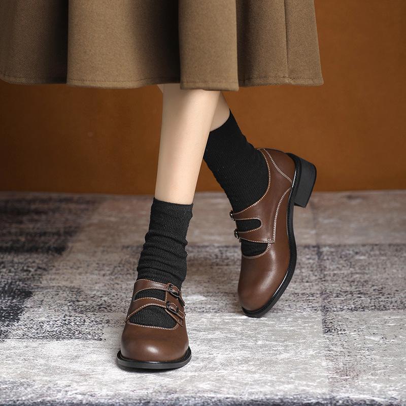 Chunky Heel Mary Jane Shoes - Autumn/Winter College Style, Round Toe, Medium Heel, Retro Leather