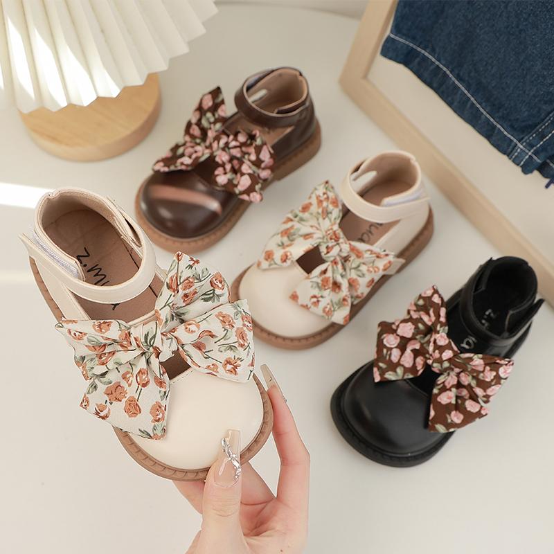 Little Girls Leather Shoes Hand-Painted Bow French Style Fashion Kids Round-toe Versatile Soft 2024 Children Loafers Elegant PU