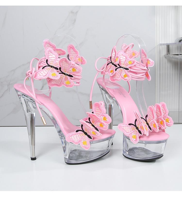 Strap Shoes Butterfly Sexy Super High Heels 15CM Thin Heel Waterproof Platform Sandals Transparent Crystal LFD