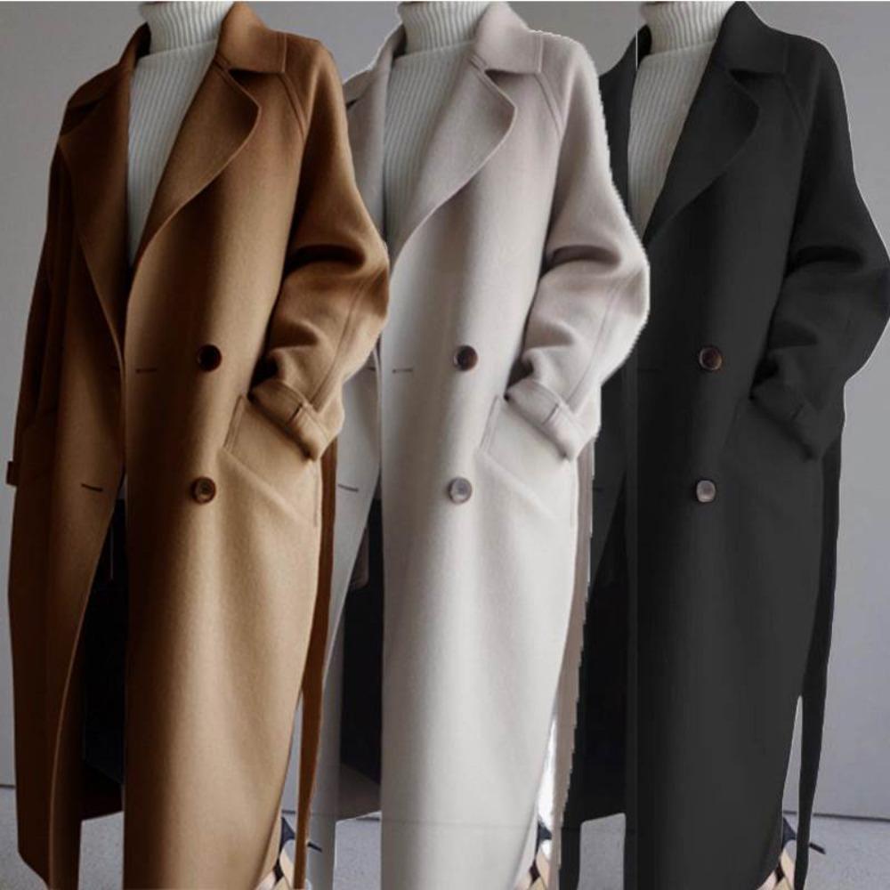 Women's Turn Down Collar Long Sleeve Wool Coat Loose Fit Straight Cut Belted Long Overcoat