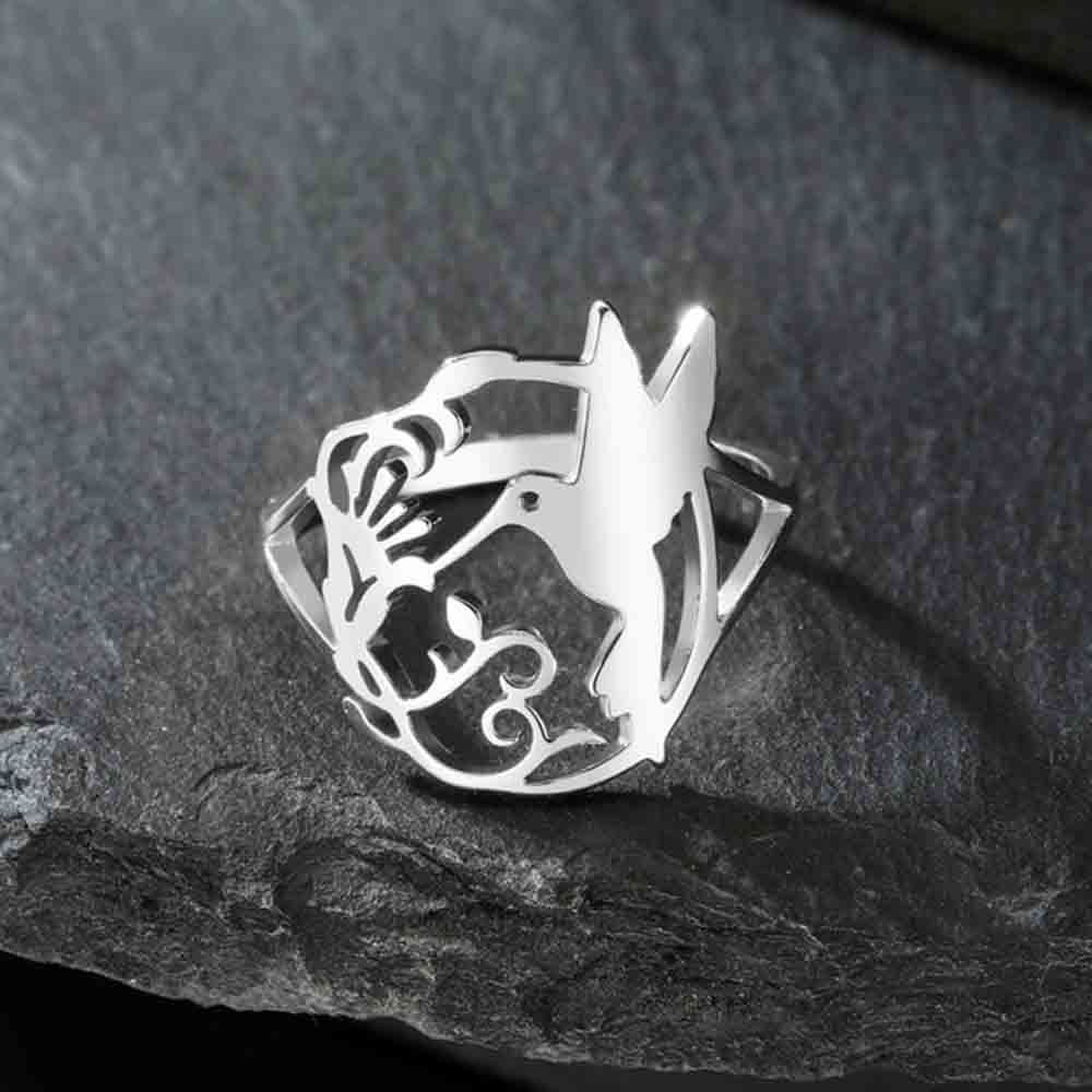 My Shape Hummingbird Flower Rings for Women Birds Bell Flower Steel Color Finger Ring Lucky Fashion Stainless Steel Jewelry Gift