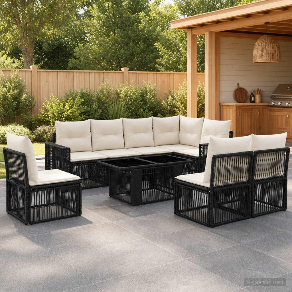 Garden Sofa Set 9 Pieces Black and Cream White Poly Rattan