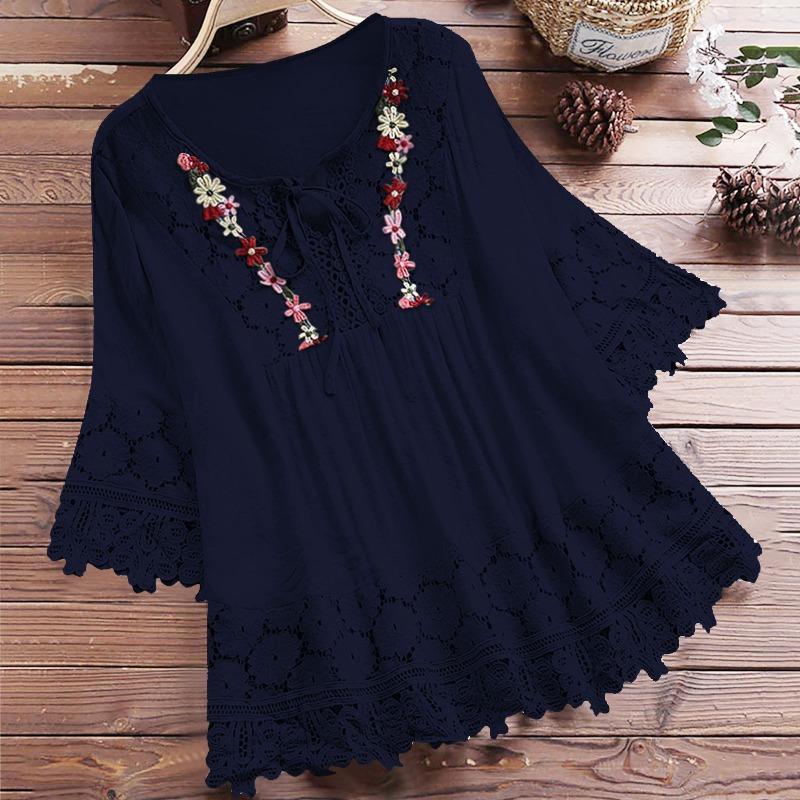 Top ampio con scollo a V in pizzo patchwork estivo in cotone e lino