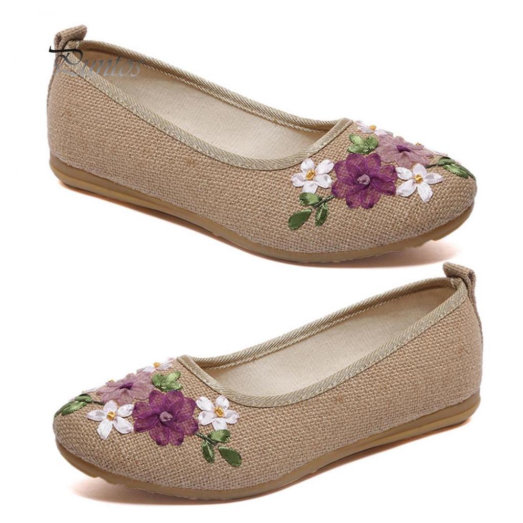 Vintage bestickte Damen-Flats, Blumen-Slipper, runde Zehenschuhe, Slipper, Ballerinas