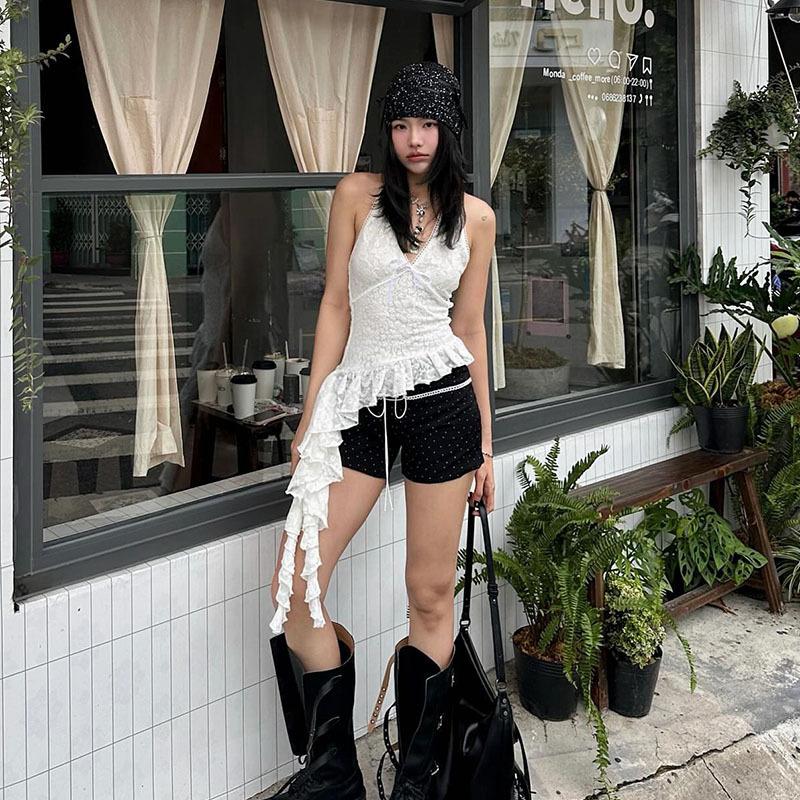 Asymmetrical Ruffled Backless Halter Top