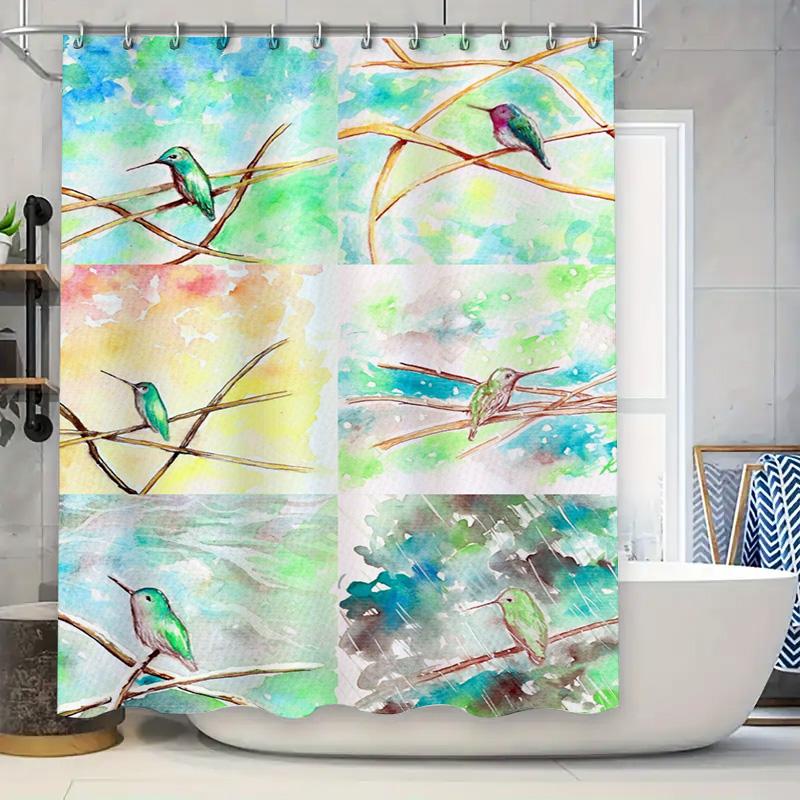 

Watercolor Birds Shower Curtain Hummingbird Decor for Bathroom 3D Printed Fabric Waterproof Bath Mat Cover Available in Various 90x180cm