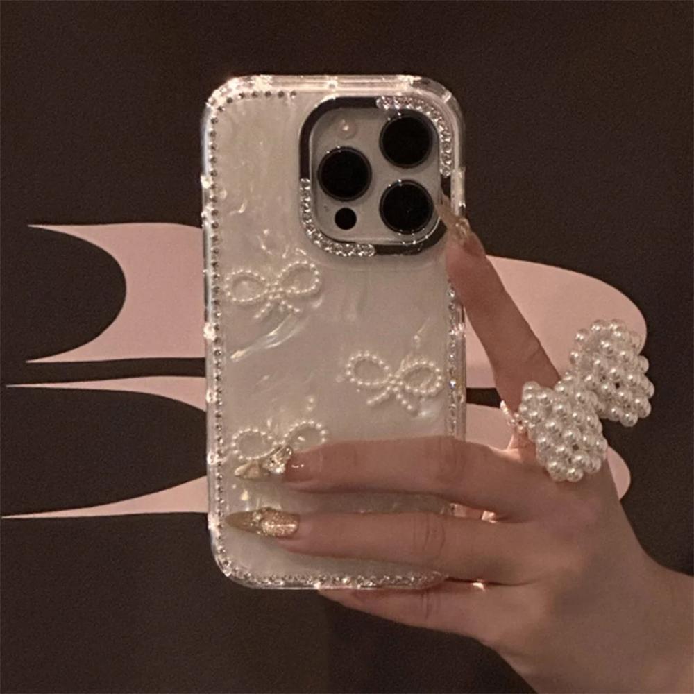 Luxury 3D Pearl Bowknow Glitter Rhinestone Shell Pattern Phone Case For iPhone 17 16 15 13 12 Pro Max 14 Plus Stylish Bling Cover