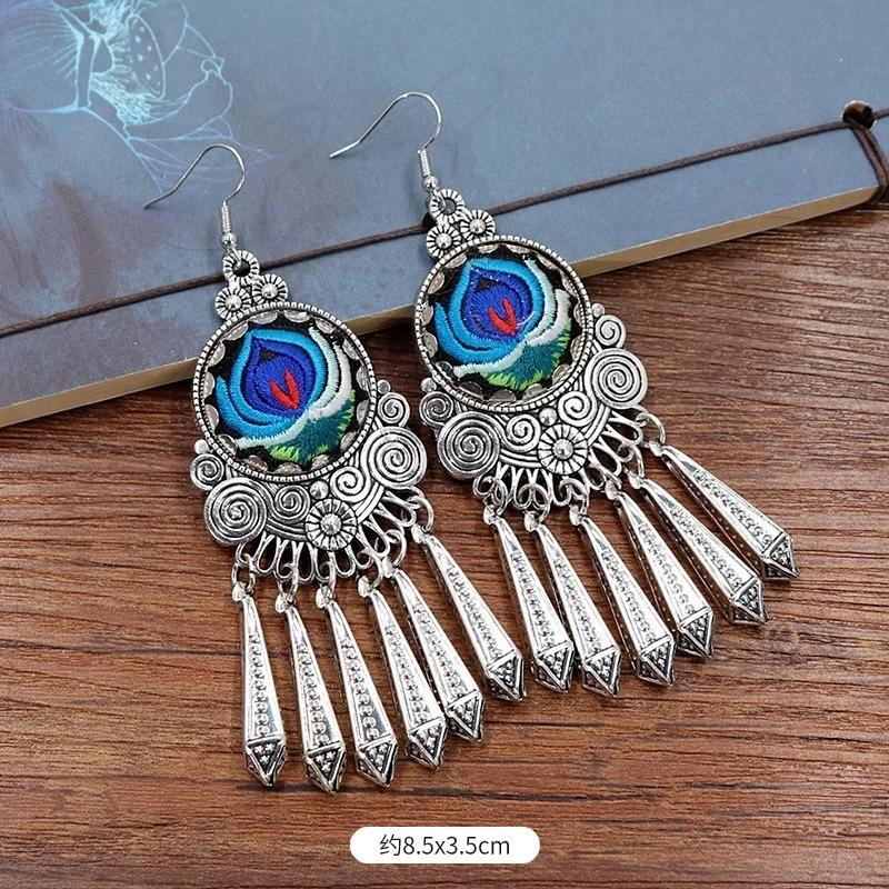 Vintage embroidery earrings hairpin classical temperament Miao peacock flower fringed earrings hair accessories set women