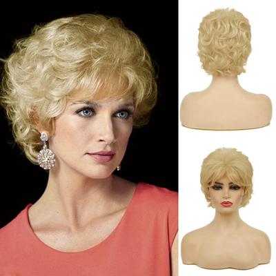 Women Light Golden Wig with Bangs Natural Blonde Hair Short Curly Fluffy Wigs Daily Party Cosplay Heat Resistant Fibre