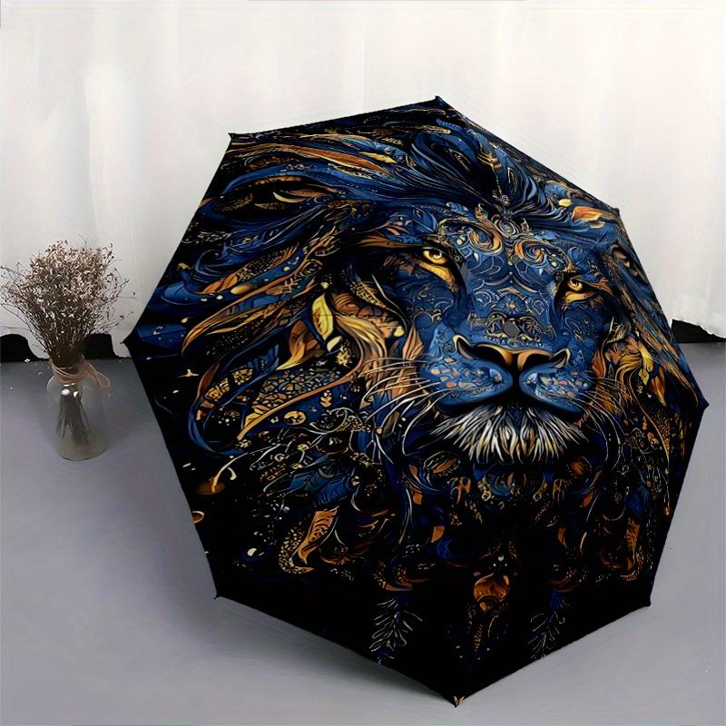 1pc Blue and Gold Ornate Lion Portrait Automatic Opening and Closing Umbrella - Suitable for Various Occasions, Outdoor Activities, Lightweight and Du