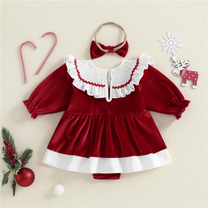 Newborn Baby Girl Christmas Outfit Santa Tree Embroidered Ruffle Trim Long Sleeve Romper with Headband Cute Infant Girl Clothes