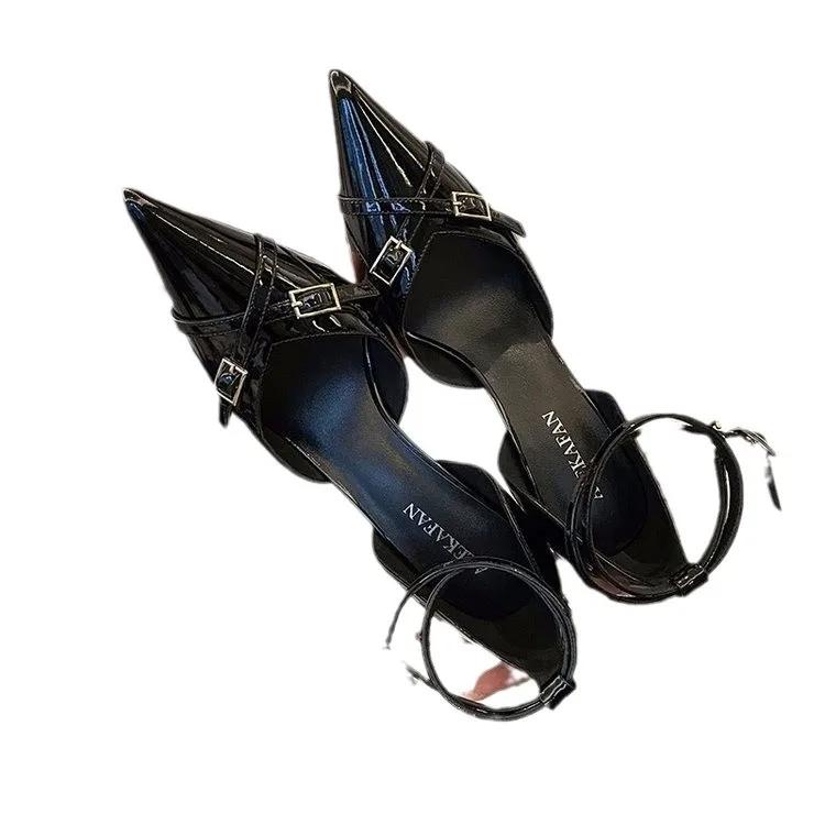 Black High Heels Pumps for Women 2025 Spring Fashion Ankle Straps Party Shoes Woman Pointed Toe Thin Heel Buckle Single Shoes