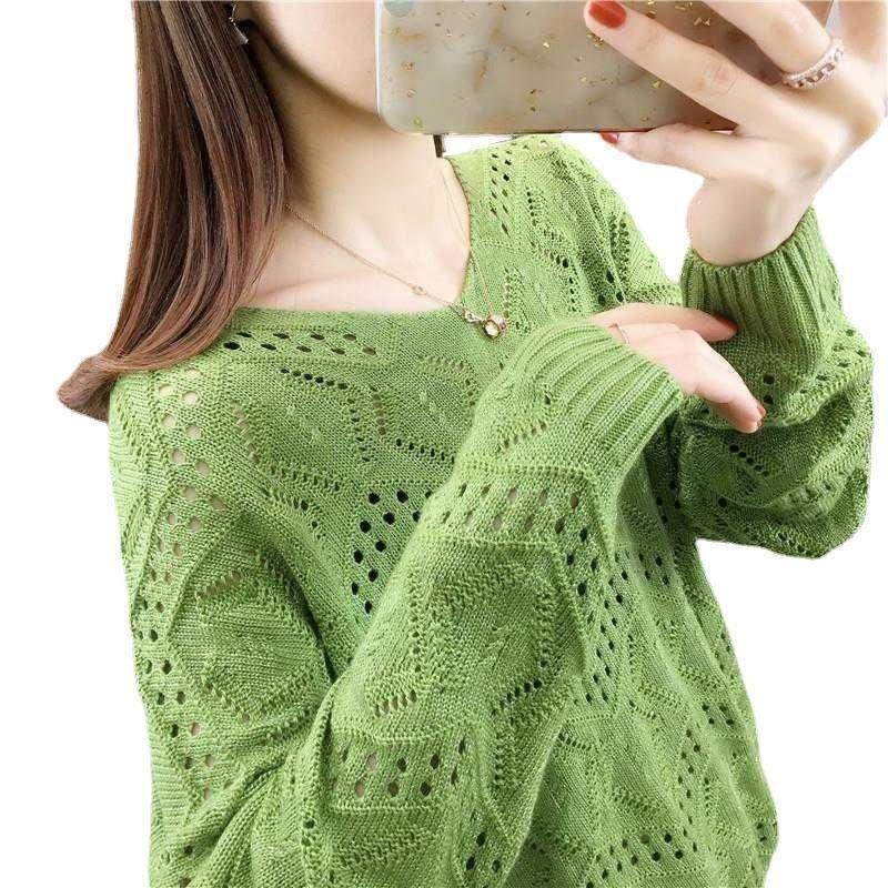 Hollow long-sleeved knitted sweater women's spring and autumn new pullover v-neck top loose outer wear sweater bottoming shirt thin