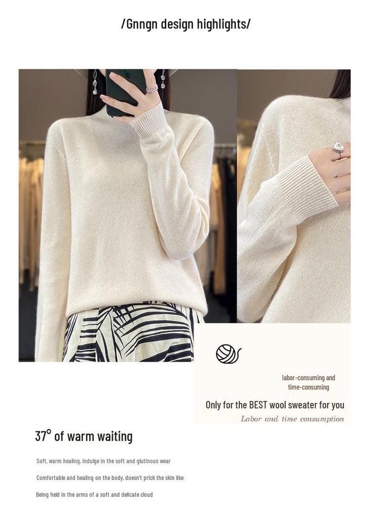 Women's Pure Wool Half-High Neck Sweater - Loose Fit Knitwear for Autumn and Winter