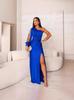 2026 Summer New European and American Women's Clothing Diagonal Collar Shoulder Sleeve Pleated Waist Split Sexy Dress