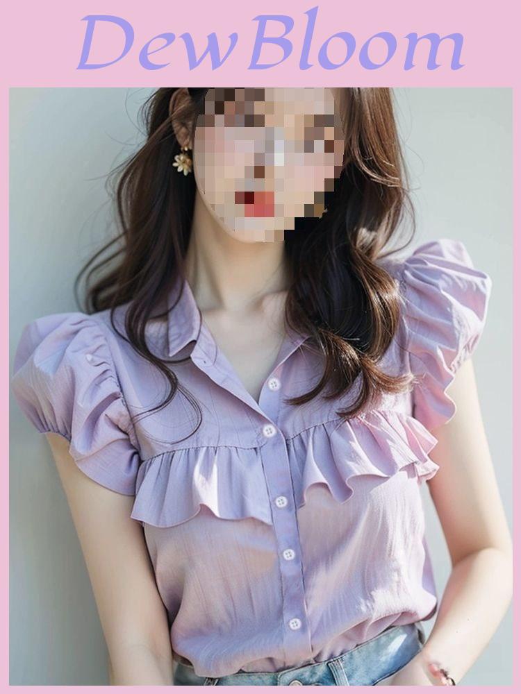 French Fashion Blouse Short Sleeve Puff Sleeve Ruffled Design For Summer 2025
