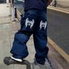 American Retro Multi-pocket Jeans Loose-fitting Straight Trendy Wide-leg Print Blue High Street Jeans