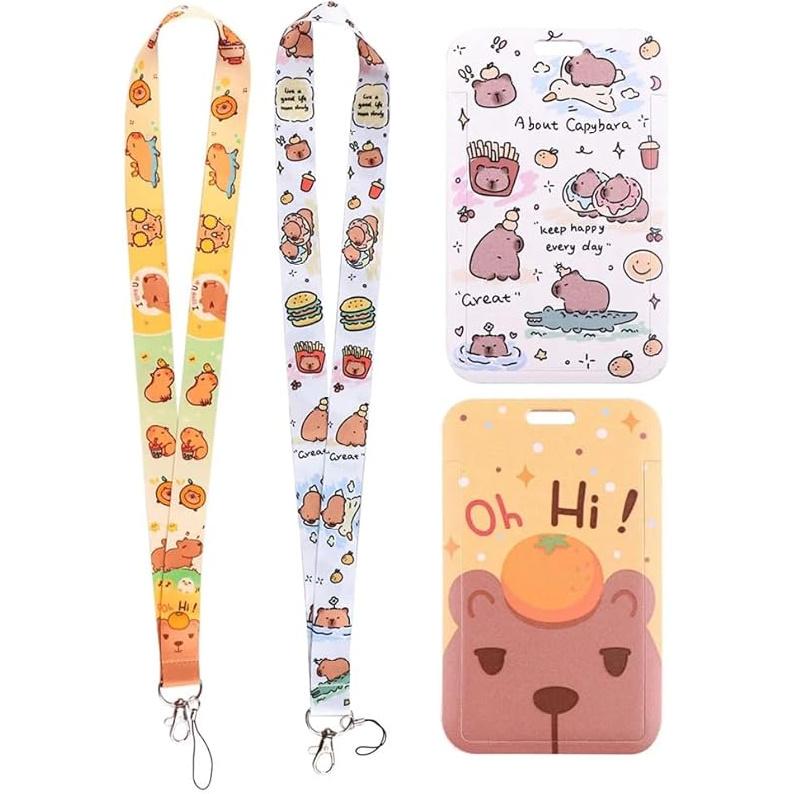 2Pack Cute Capybara Lanyards for ID Badges Id Holder Badges, Cartoon Flat Neck Lanyards with Clip Waterproof Plastic Vertical Name Tag Badge ID Card B