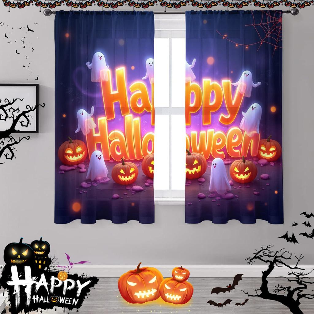 2 Stück Halloween Kürbis Vorhänge - Stangendurchzug   Digitaldruck Technologie   Polyester Material   Dämpft Licht   Privatsphäre