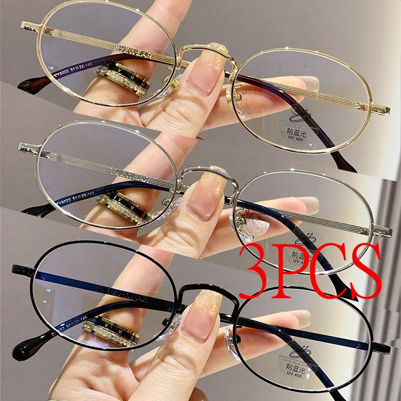 

3Pcs Vintage Anti-Blue Light Glasses Oval Metal Frame Brand Designer Fashion Woman Metal Optical Frames Computer Glasses