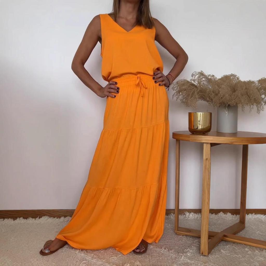 2024 Spring/Summer Women's Solid Color V-Neck Sleeveless Top and Skirt Set