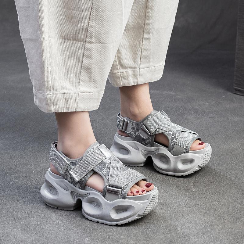Chunky Platform Sparkle Velcro Sandals for Women Futuristic Thick Sole Summer Shoes
