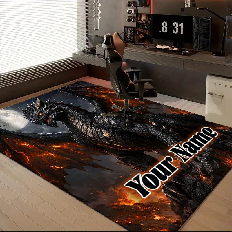 1PC Custom Name Fiery Dragon Moonlit Night Theme Floor Mat Ideal for Living Room, Game Rooms, Office, Bedroom,Floor Mat Playful Design