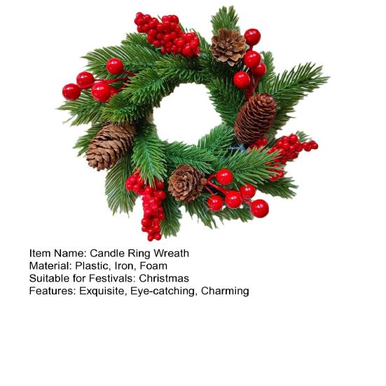 Christmas Candle Ring Wreath Artificial Red Berry Pinecone Pine Needles Candle Wreaths Small Tabletop Candle Holder for Home Party Fireplace Decor