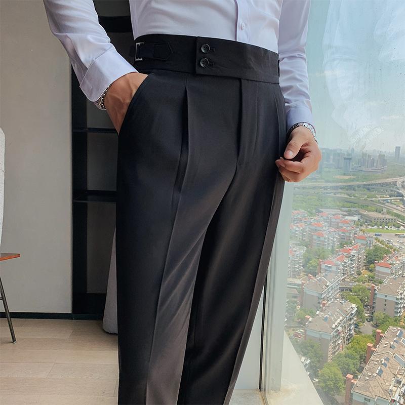 Autumn Solid High Waist Trousers Men Formal Pants  High Quality Slim Fit Business Casual Suit Pants Hommes