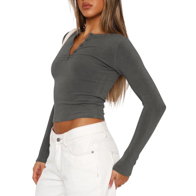 Jarní a podzimní dámský Y2K slim módní žebrovaný top s knoflíky a dlouhým rukávem