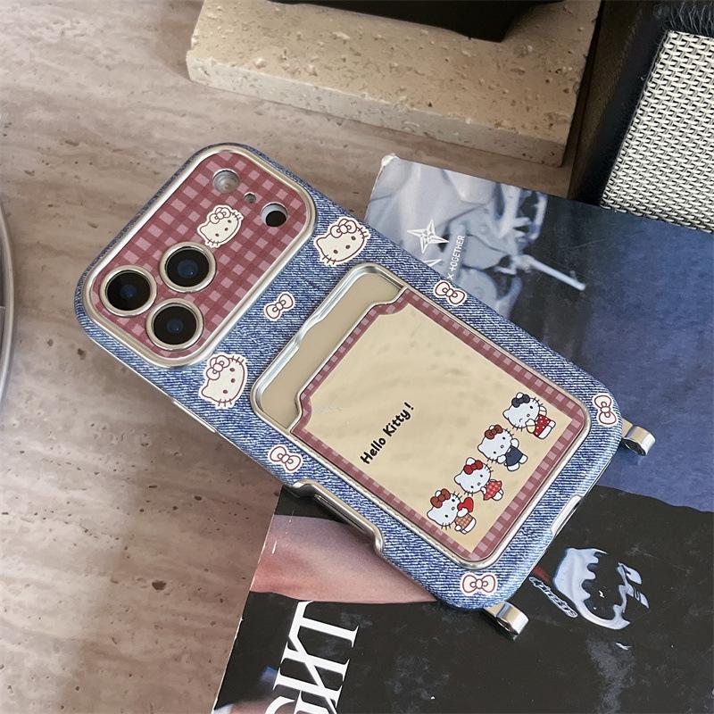 Mirror Card Pack KT Cat for iPhone17pro Phone Case Apple 16pro Denim Pattern 15pro Lanyard 14p