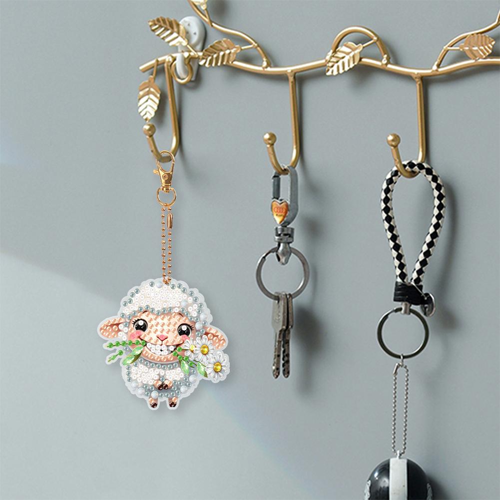 8Pcs Double Sided Spring Flower Animal Diamond Art Keyring Rhinestone Painting Keychain Pendant for Beginners Adults