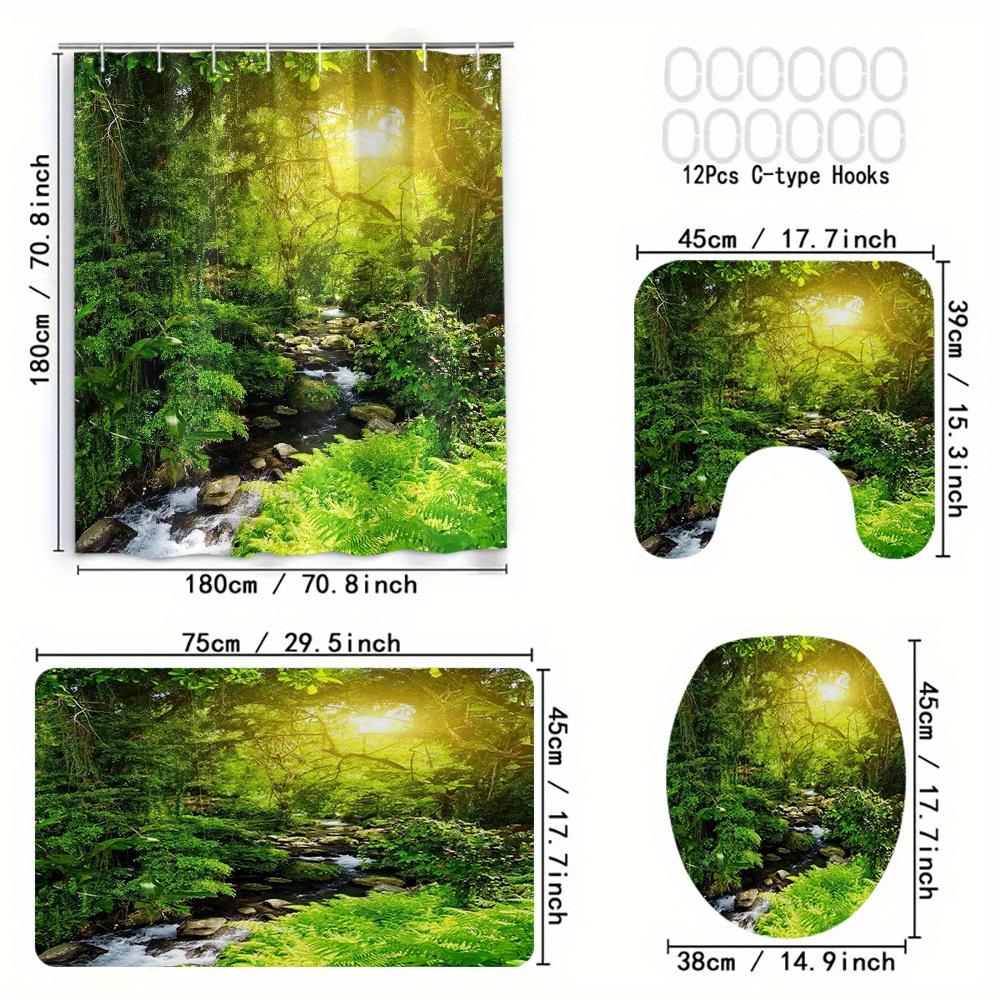 Forest Stream Print Polyester Bathroom Set, Waterproof - Includes Machine Washable Curtain, Bath Mat Accessories, Set Of 4