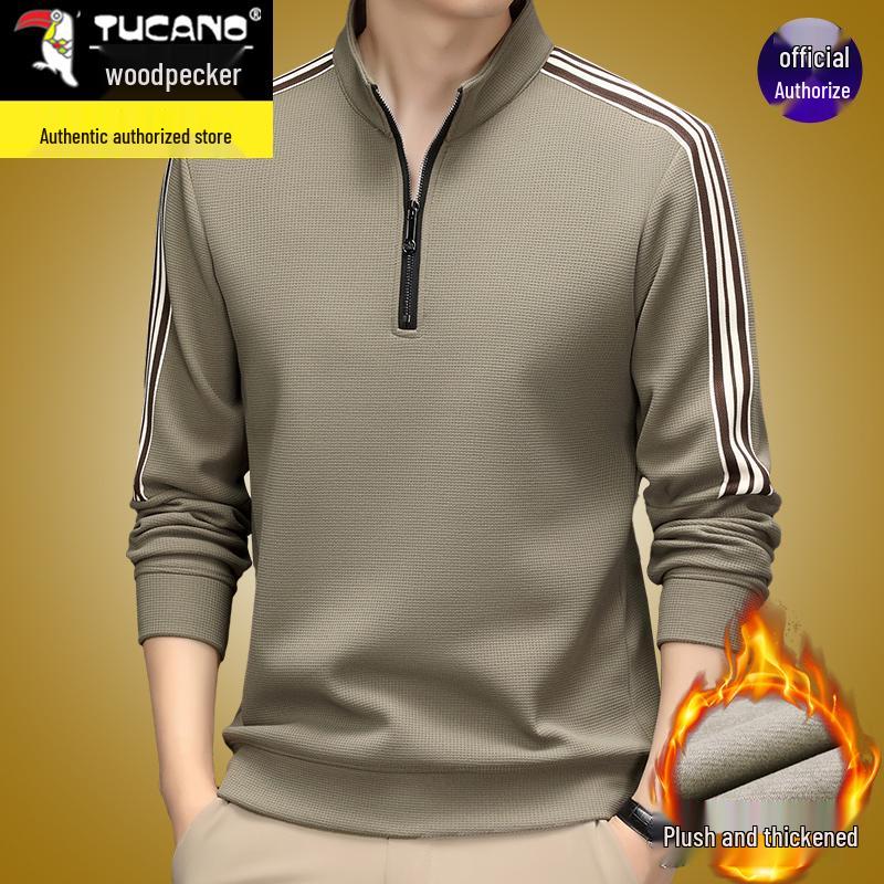 

Men s Woodpecker Fleece-Lined Thick Hoodie: Autumn/Winter Half-Zip Long Sleeve Loose Casual Base Layer Shirt L (120-135 jin)