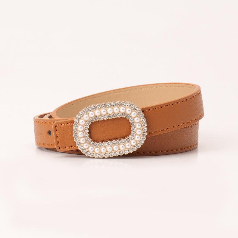 Women's PU Leather Belt Shiny Rhinestone Pearl Buckle Lightweight Waist Accessory for Jeans Daily Casual Wear