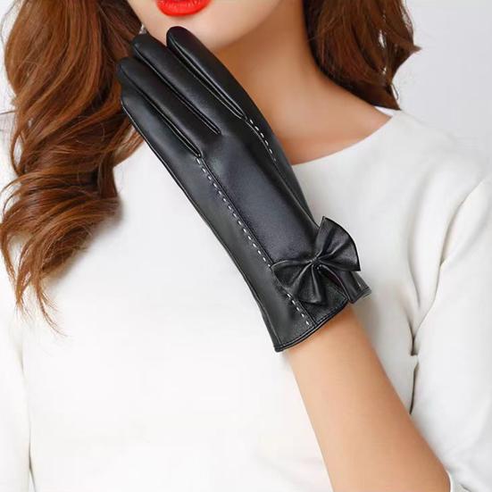 Women Faux Leather Gloves Fleece Lined Touch Screen Gloves Warm Winter Gloves with Bows for Driving Commuting Dating