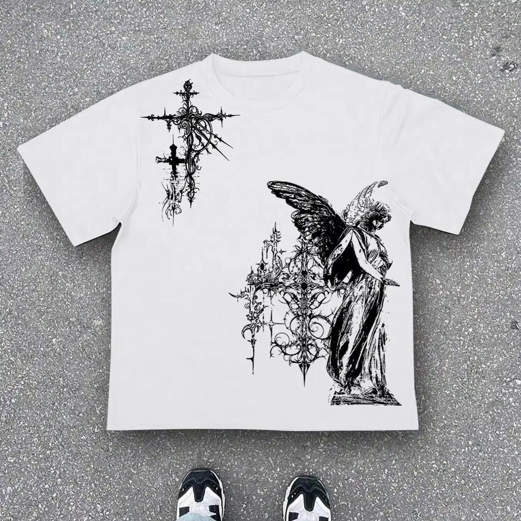 Retro Gothic Tshirt HipHop Streetwear Harajuku Tshirt YK Shirt with Print Casual Loose Streetwear Gender Neutral