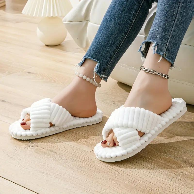 Open Toe Plush Slippers Female, Indoor Thick Soled Warm Plush Shoes, Cotton Slippers Female