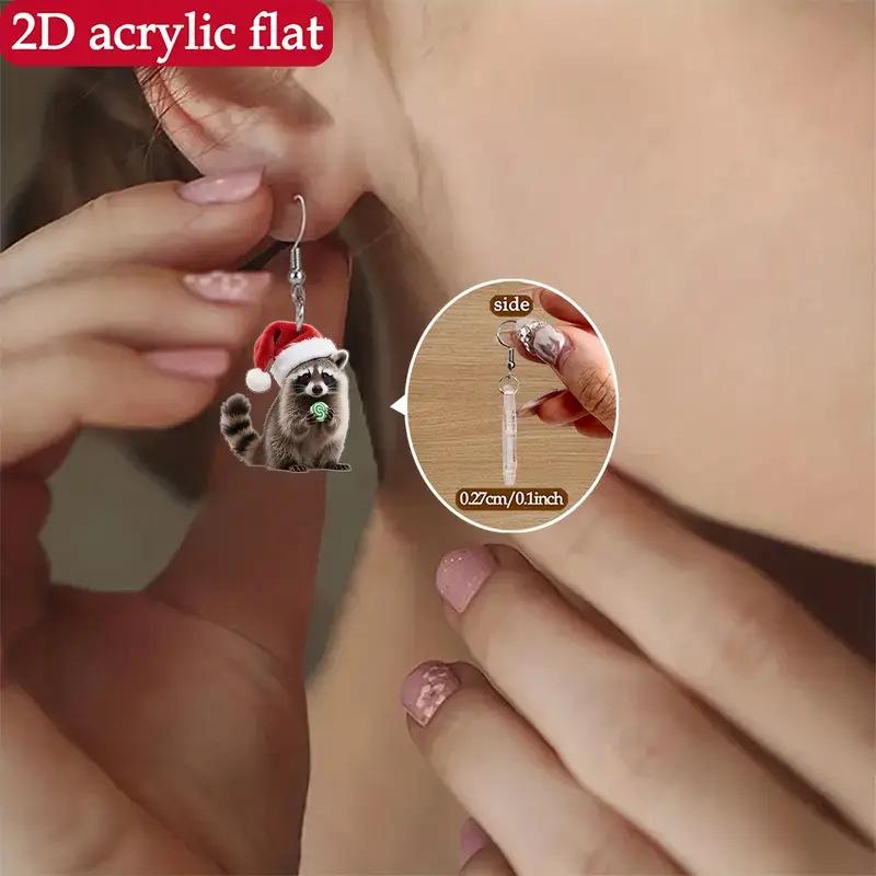 Cross-border cute raccoon eats candy earrings, European and American acrylic Christmas gifts, Christmas hats, cartoon animal earrings.