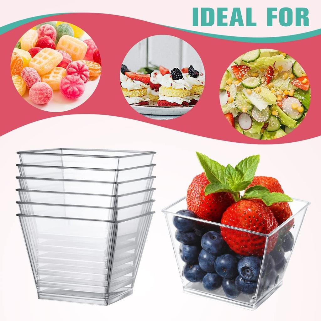 50PCS 2/4OZ Plastic Dessert Cups with Spoons Clear Mini Square Tumbler Cups for Mousse Pudding Appetizer Party Supplies