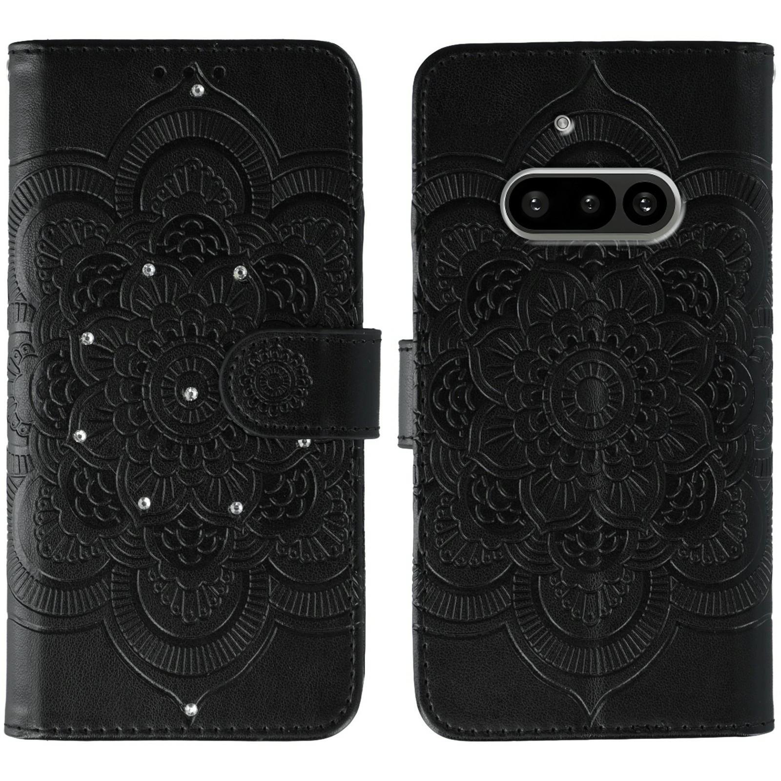 

Ни за что Телефон (3a) Чехол с отделкой стразами, из ПУ кожи, с тисненым дизайном мандалы, чехол для телефона с ремешком на запястье Black